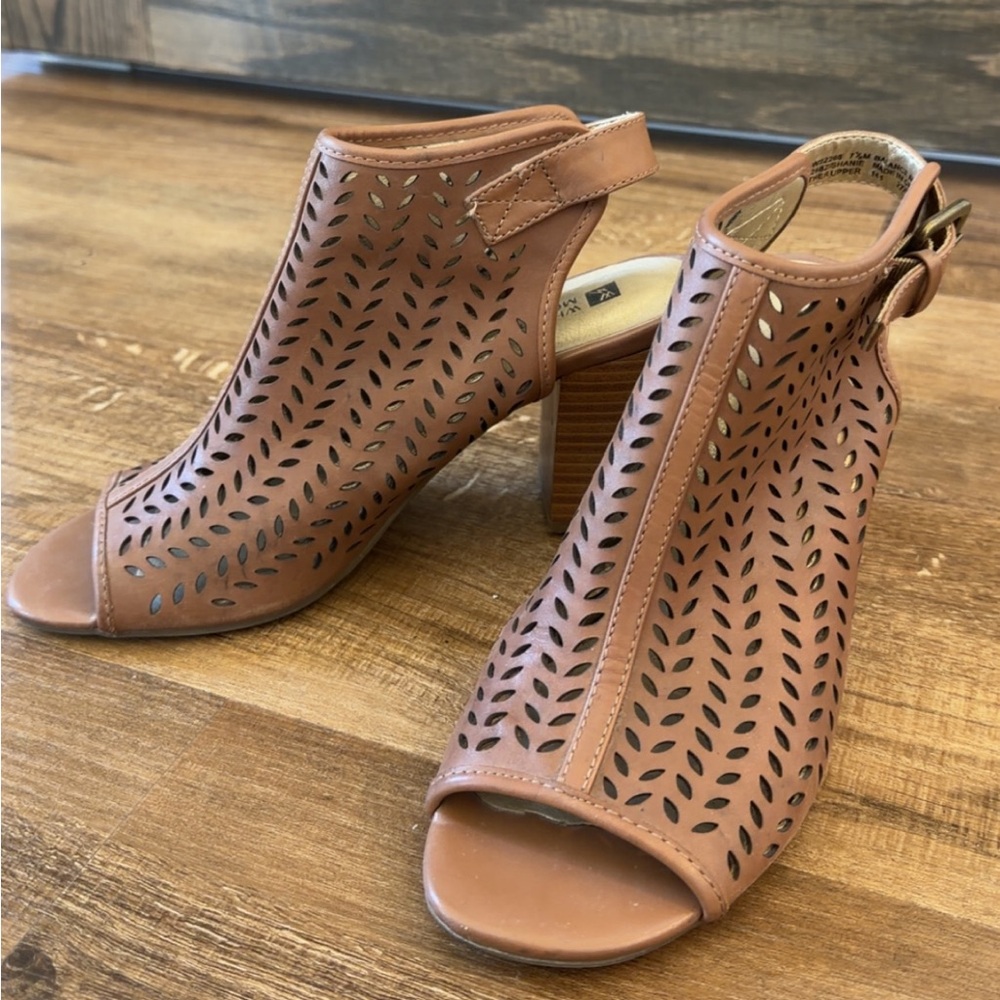 Women's Tan Perforated Peep-Toe Heel Sandals
